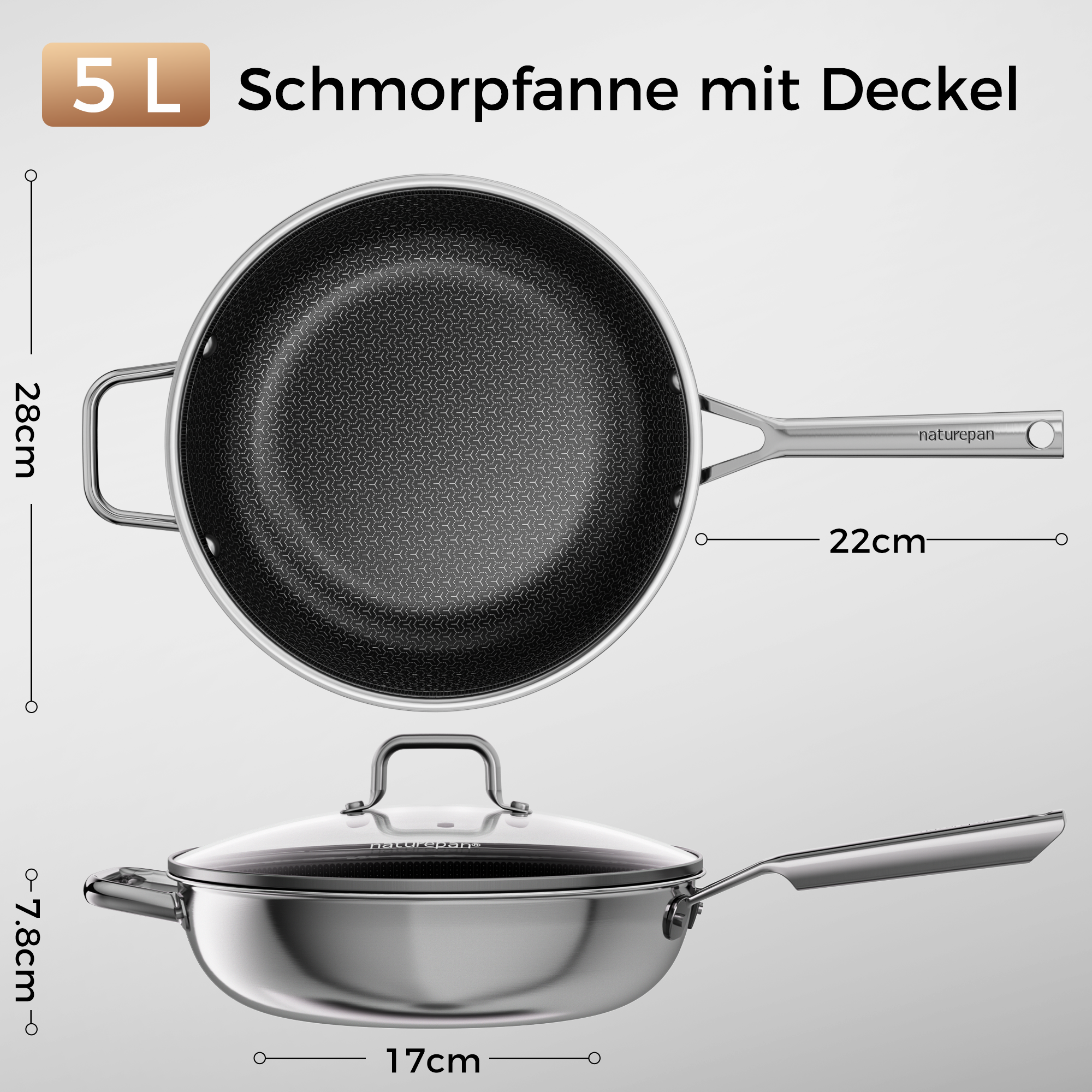 Naturepan Diamond-Titanium Keramik-Antihaft Pfanne Edelstahl mit Deckel